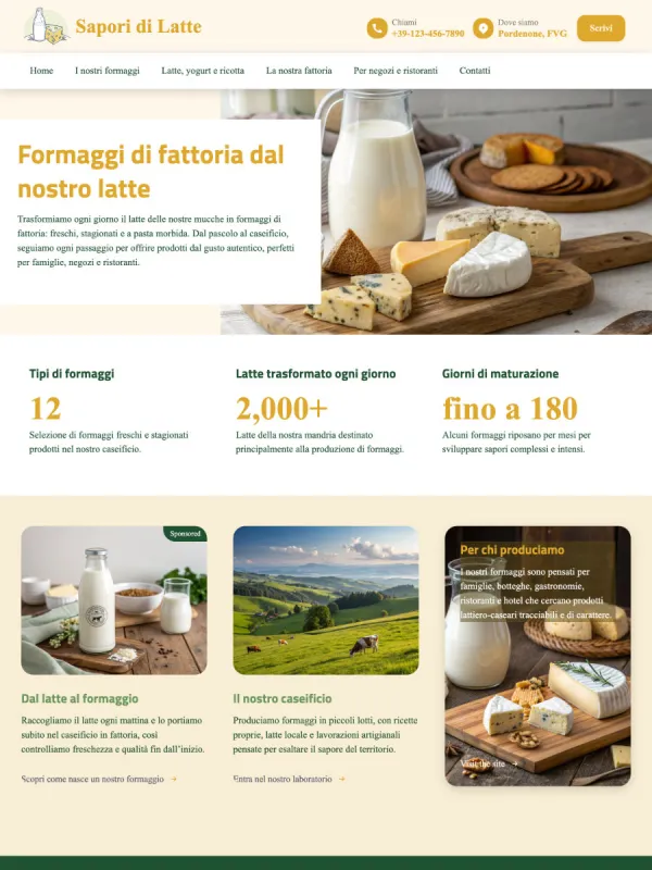 Produttore di formaggi artigianali &ndash; Provincia di Udine Sito aziendale, 15 pagine: 7 schede prodotto con approfondimenti su stagionatura e abbinamenti, pi&ugrave; pagine dedicate a storia, metodo di produzione e certificazioni DOP. Struttura con doppio percorso.