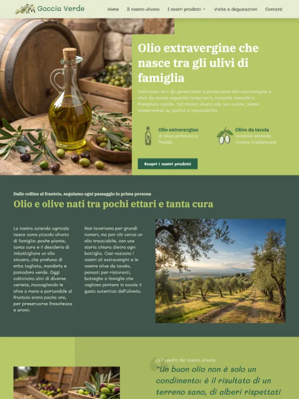 Frantoio artigianale &ndash; Provincia di Lucca, Toscana Sito aziendale multilingue IT/EN, 11 pagine per lingua: 4 schede olio EVO, 3 schede olive da tavola, pi&ugrave; home, chi siamo, come acquistare e contatti. Versione inglese orientata a turisti e buyer europei.