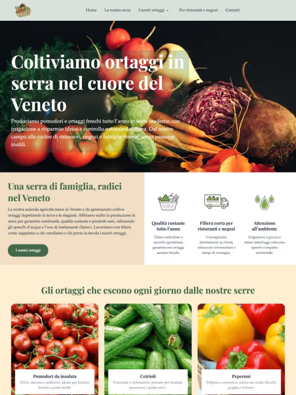 Produttore di ortaggi &ndash; Provincia di Venezia Sito vetrina, 6 pagine prodotto + home con 10 sezioni: chi siamo, stagionalit&agrave; e disponibilit&agrave;, come ordiniamo, contatti. Focus sulla visibilit&agrave; locale.