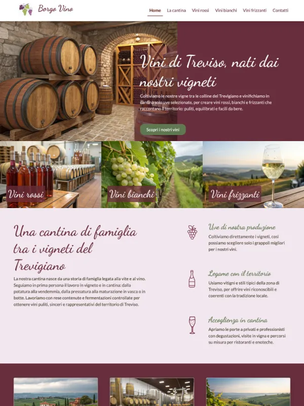 Cantina vinicola &ndash; Provincia di Treviso Sito aziendale multilingue IT/DE, 14 pagine per lingua: 8 schede vino con catalogo per annata e schede tecniche scaricabili, pi&ugrave; home, chi siamo, il vigneto, enoturismo e contatti.