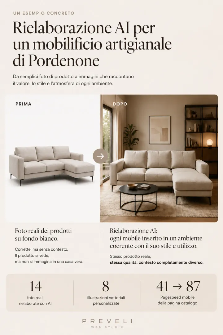 Un esempio concreto: rielaborazione prodotto e illustrazioni AI per un mobilificio in provincia di Pordenone